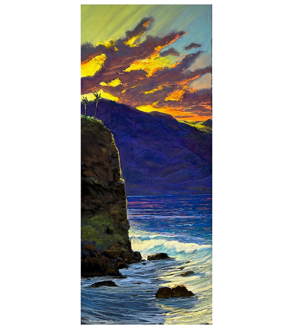 Pintura al pastel original "Isla mágica" de Michael Clements, 20 x 48