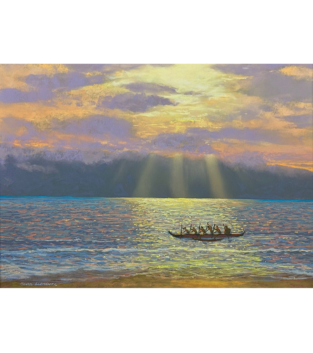 Original Pastel Painting "‘Lahaina Canoe at Sunset" by Michael Clements 28x20