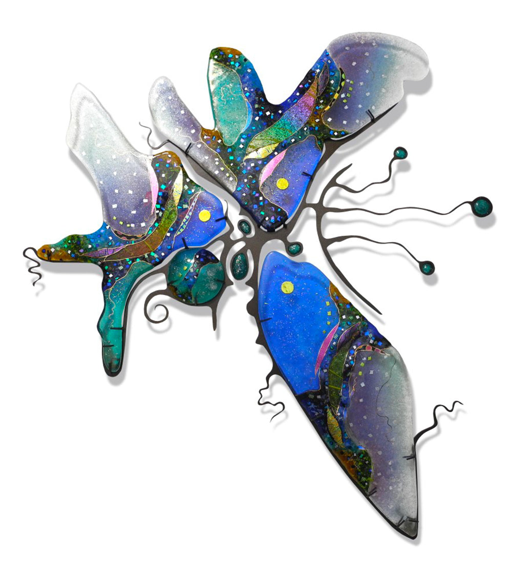 Starburst wall sculpture with blue and metallic glass accents