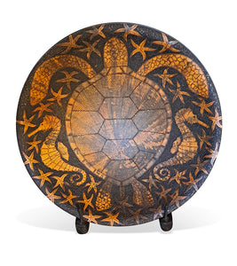 Pyrography Cook Pine Platter with Stand "Honu, Seahorse, Starfishh #675" by Michael Patrick Smith