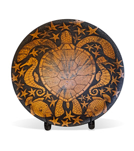 Pyrography Cook Pine Platter with Stand "Honu, Humu, Seahorse, Starfishh #676" by Michael Patrick Smith