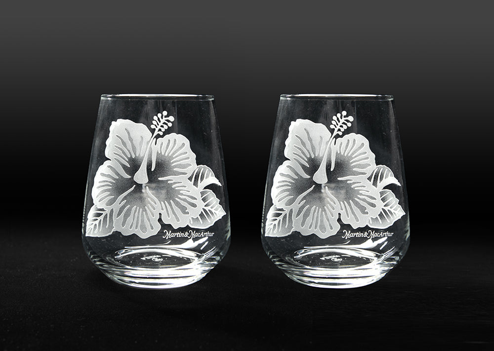 Hibiscus Wine Glass, Etched Crystal Hibiscus Wine Glass