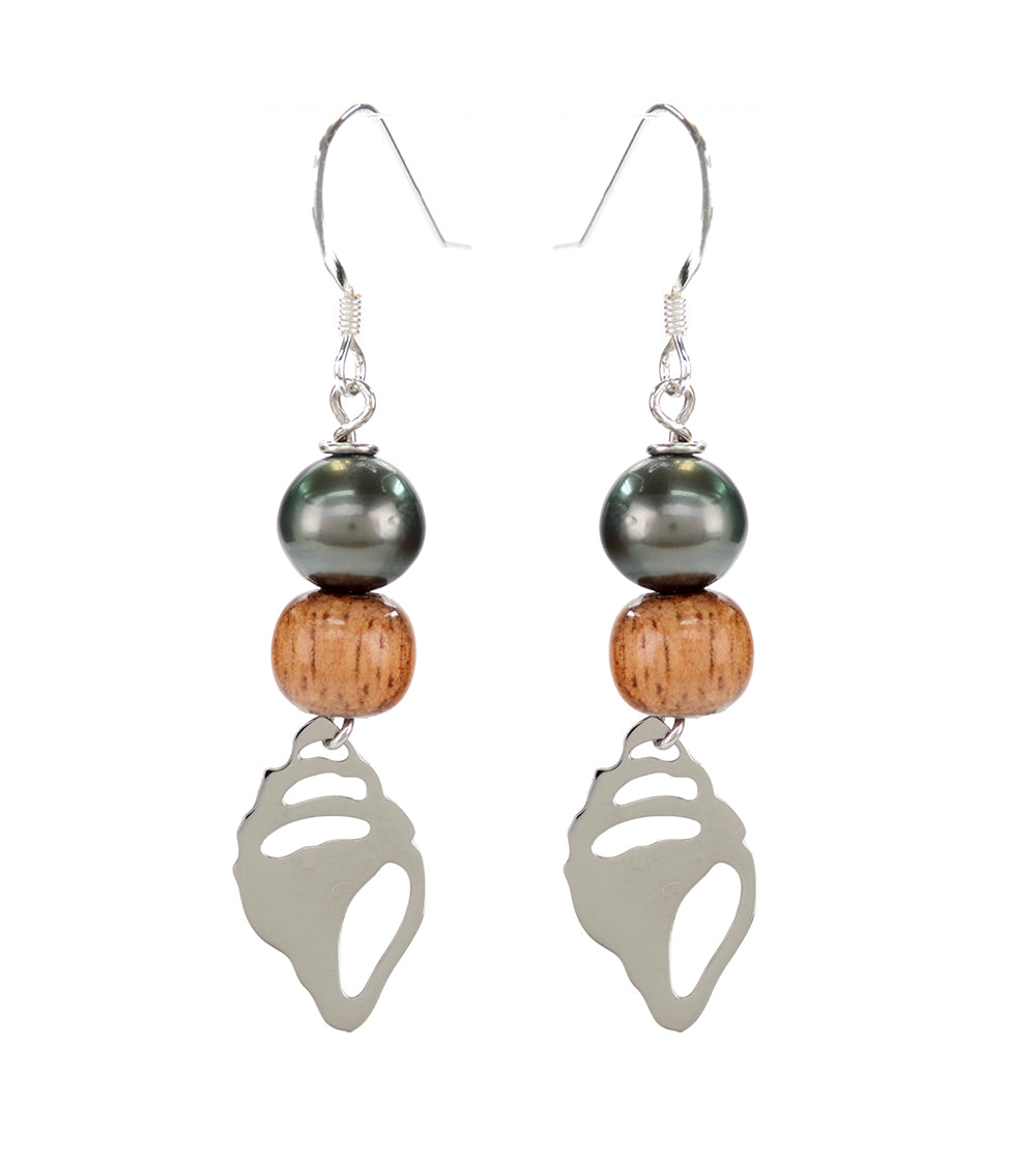 Pendientes de concha de koa y perla de Tahití