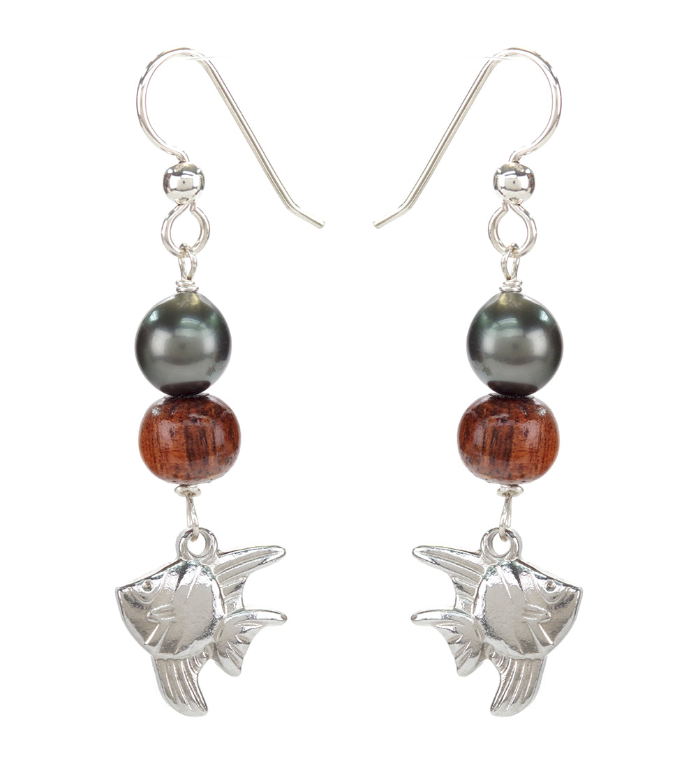 Tahitian Pearl Koa Fish Earrings