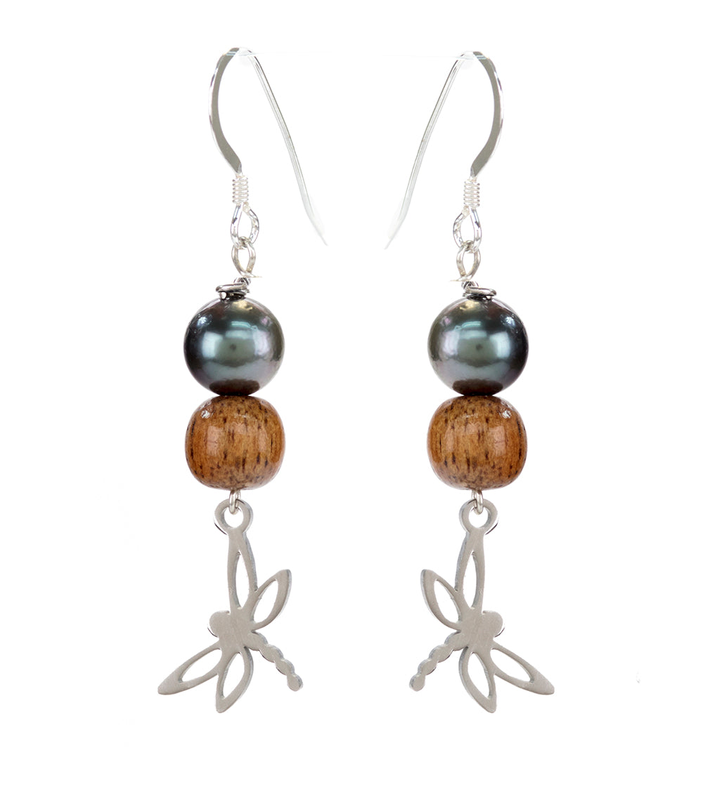 Pendientes de libélula con luz de koa y perla de Tahití