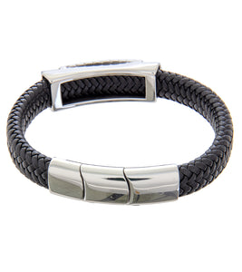 Mens Bracelet Steel Bangle with Black Leather and extender
