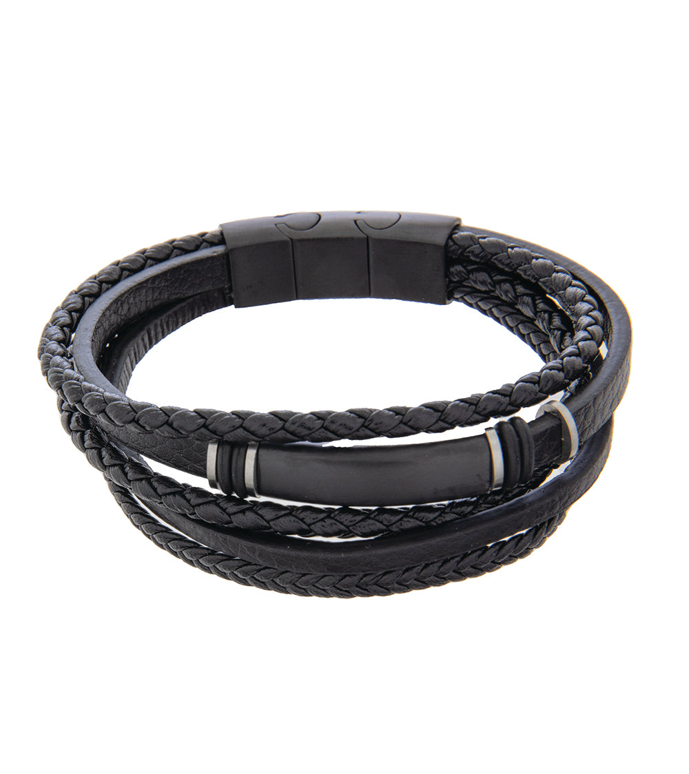 メンズブレスレット 19-21cm ブラックマルチレザー ブラックスチールと 