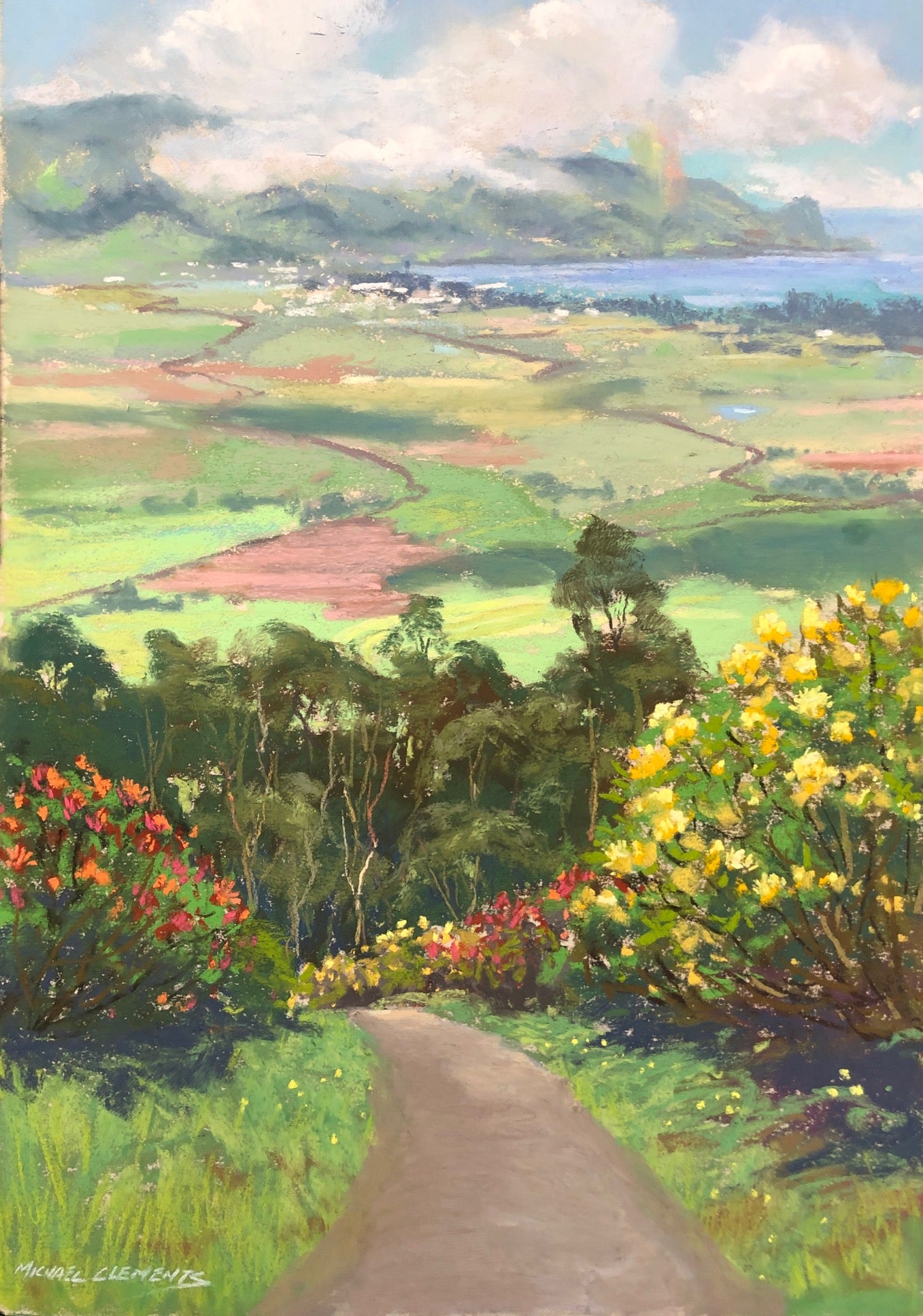 Pintura al pastel original "Vista de la granja de proteas Kula" de Michael Clements, 30,5 x 45,7 cm