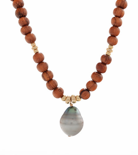 Tahitian Pearl Koa Bead Necklace 18