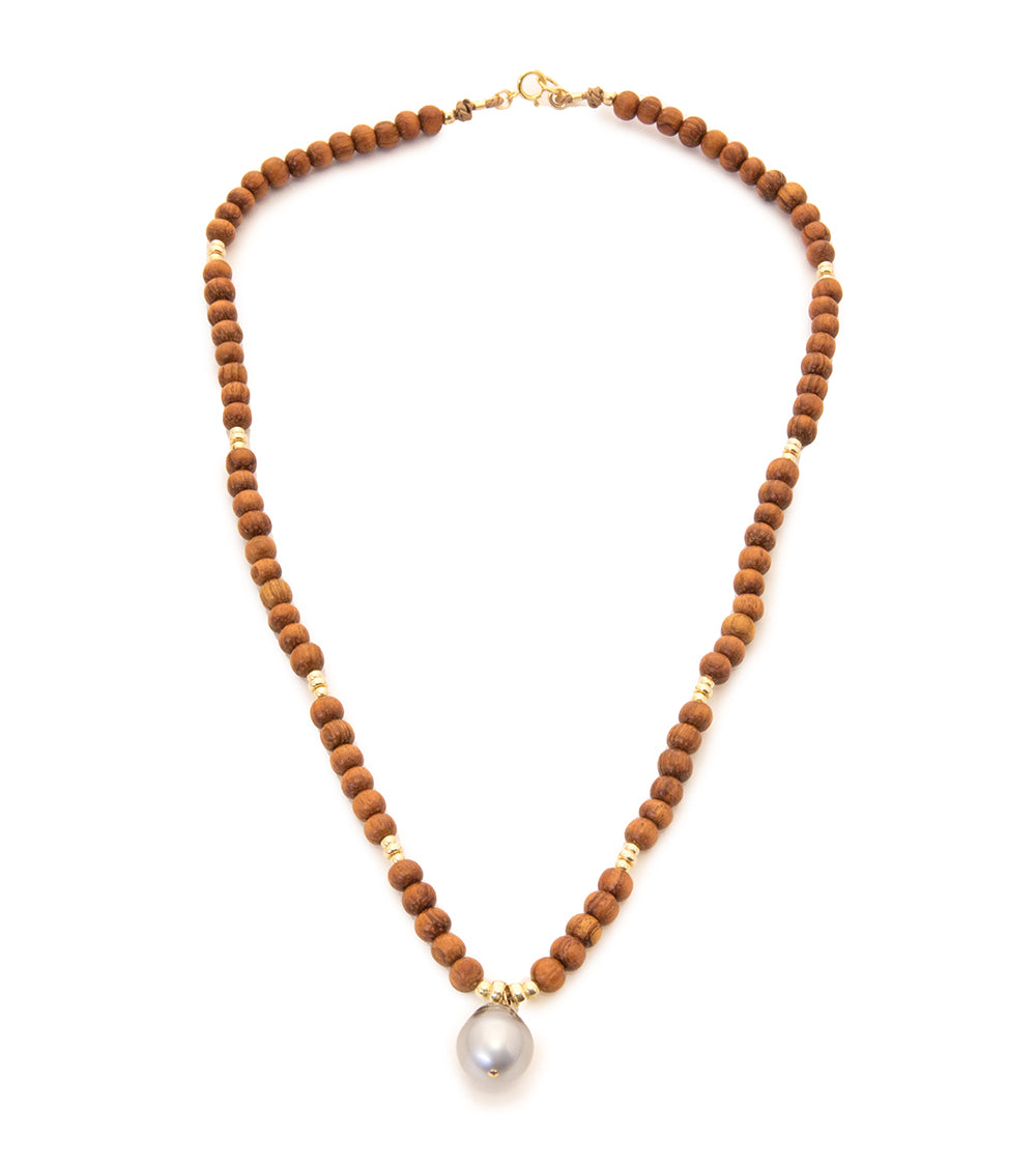 Tahitian Pearl Koa Bead Necklace 18"