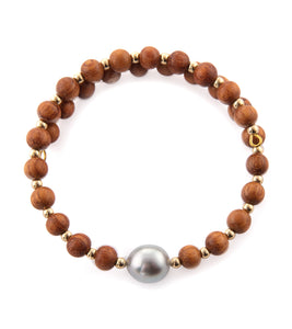 Koa and Tahitian Pearl Beaded Bracelet - Gold Filled
