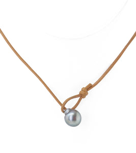 Tan Leather Five Tahitian Pearl "Y" Necklace