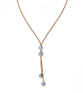 Tan Leather Five Tahitian Pearl "Y" Necklace