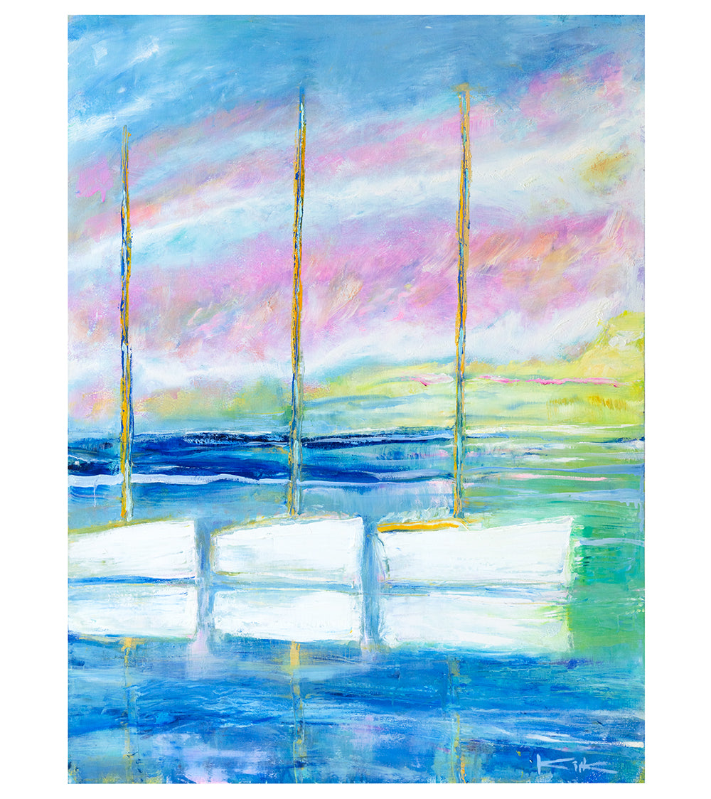 Three Sailboats at Sunset by Kirk Boes