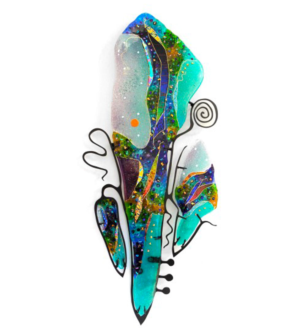 Cello wall sculpture with turquoise and multicolor glass