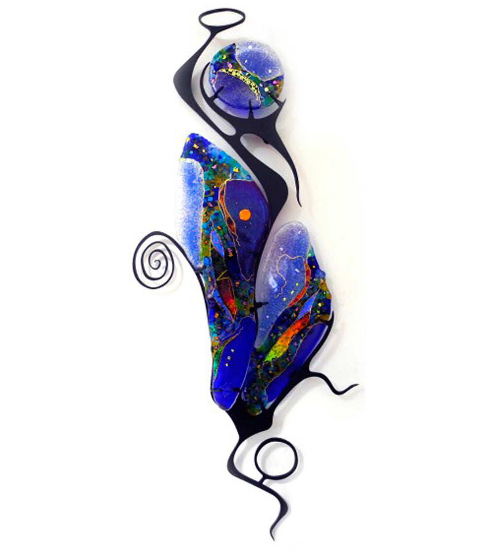 Chrysalis wall sculpture with blue and multicolor glass