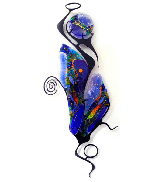 Chrysalis wall sculpture with blue and multicolor glass
