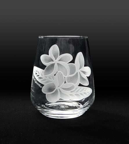 Sand-Etched Plumeria Stemless. Set of 2