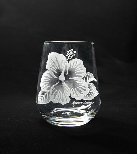 Sand-Etched Hibiscus Stemless. Set of 2