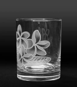 Sand-Etched Plumeria Whiskey Glass. Set of 2