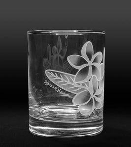 Sand-Etched Plumeria Whiskey Glass. Set of 2