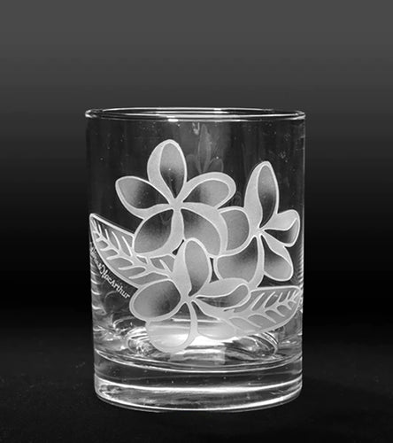 Sand-Etched Plumeria Whiskey Glass. Set of 2