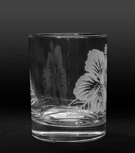 Sand-Etched Hibiscus Whiskey Glass. Set of 2