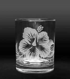 Sand-Etched Hibiscus Whiskey Glass. Set of 2