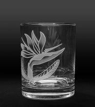 Sand-Etched Bird of Paradise Whiskey Glass. Set of 2