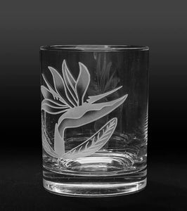 Sand-Etched Bird of Paradise Whiskey Glass. Set of 2