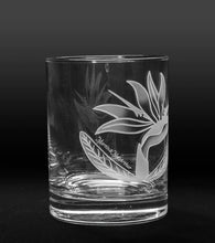 Sand-Etched Bird of Paradise Whiskey Glass. Set of 2