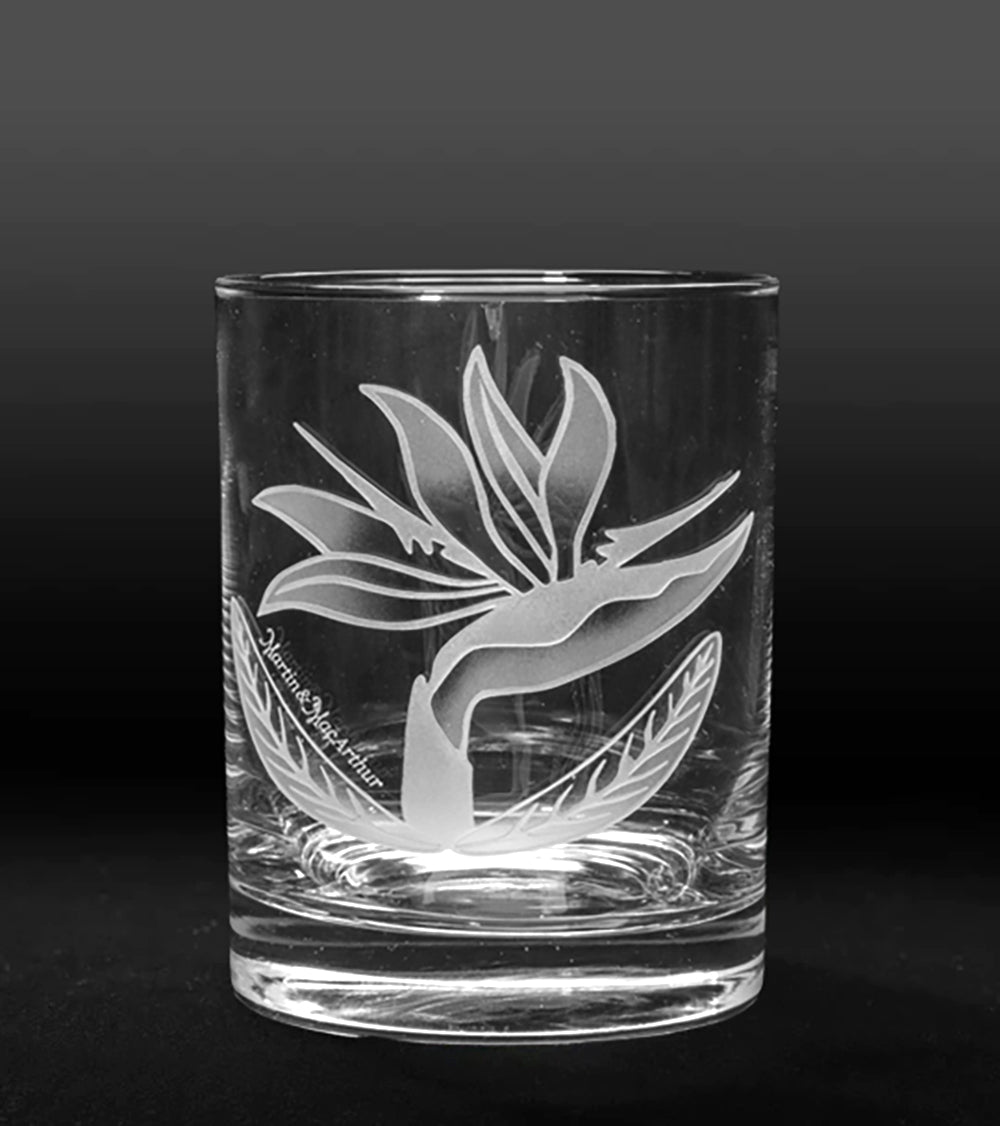 Sand-Etched Bird of Paradise Whiskey Glass. Set of 2