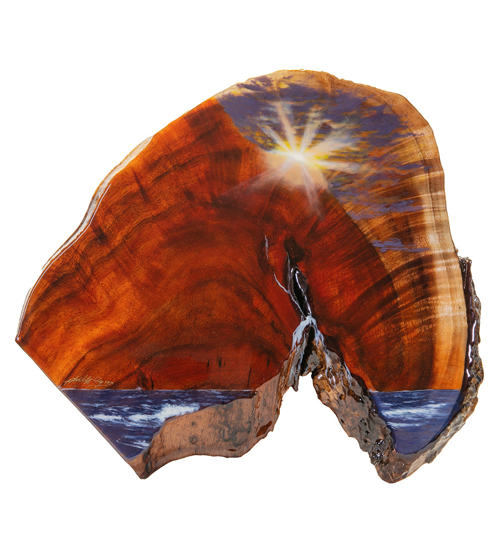 Pintura original sobre koa "Aquí viene el sol" de Philip Gagnon 15 x 14