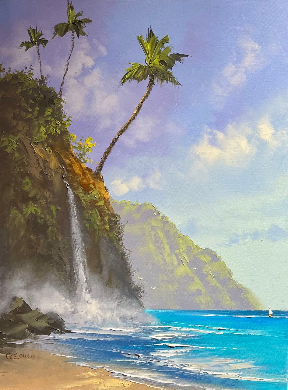 原画：江口ジョージ作「砂と海に流れ込む滝」