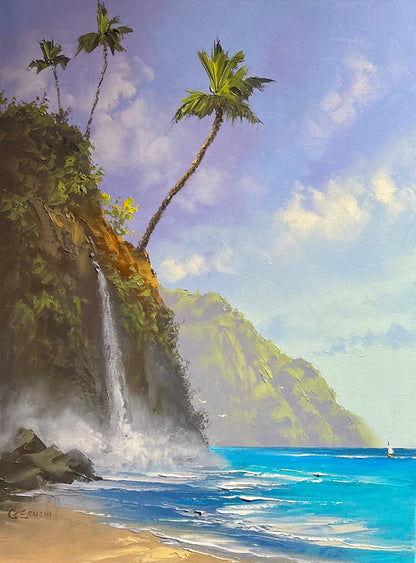 原画：江口ジョージ作「砂と海に流れ込む滝」