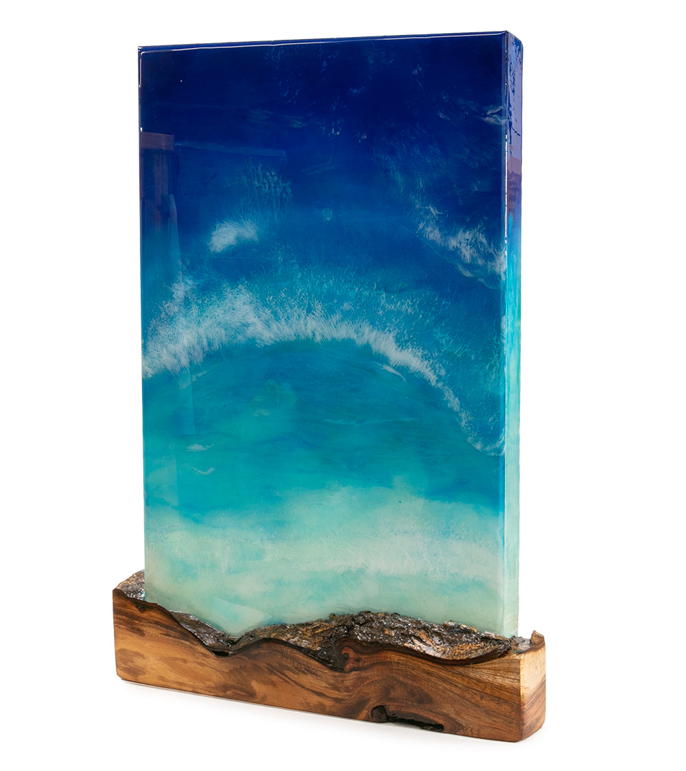 Arte mural de koa/resina "Pohaku Point" de S. Isaac Anderson