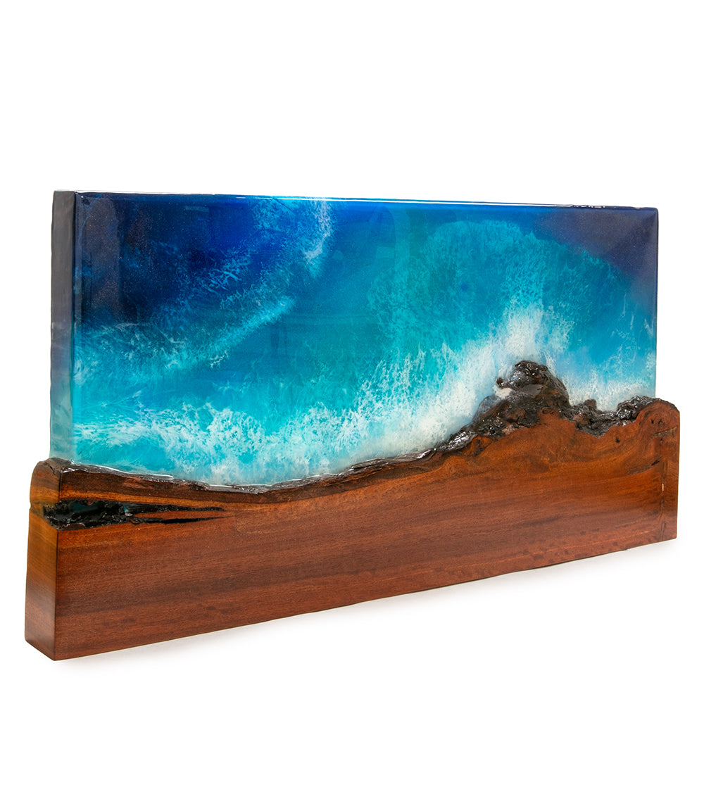 Arte mural de koa/resina "Pohaku Point" de S. Isaac Anderson