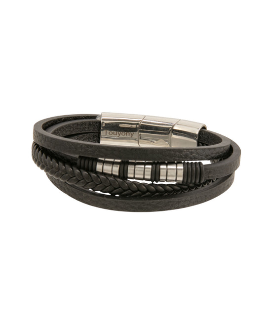 Pulsera para hombre de 23 cm de cuero negro triple con eslabón de cable largo