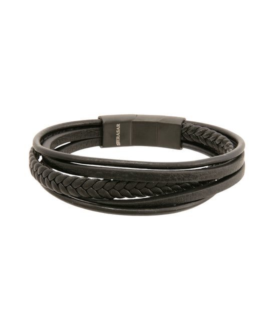 Pulsera para hombre de 23 cm de cuero negro triple con eslabón de cable largo