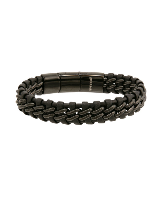 Pulsera para hombre de 23 cm de cuero negro triple con eslabón de cable largo