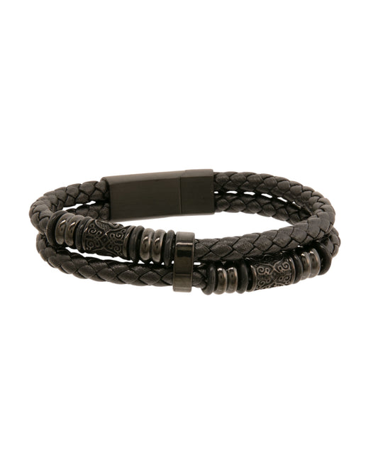 Pulsera para hombre de 23 cm de cuero negro triple con eslabón de cable largo
