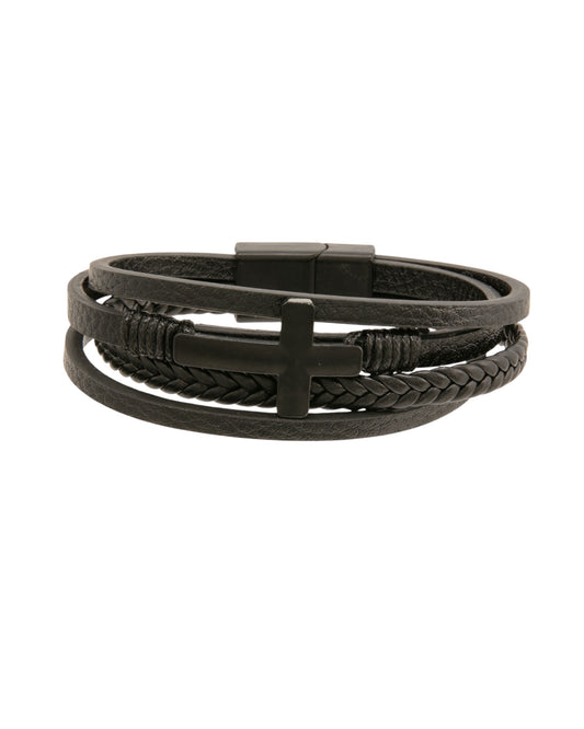 Pulsera para hombre de 23 cm de cuero negro triple con eslabón de cable largo