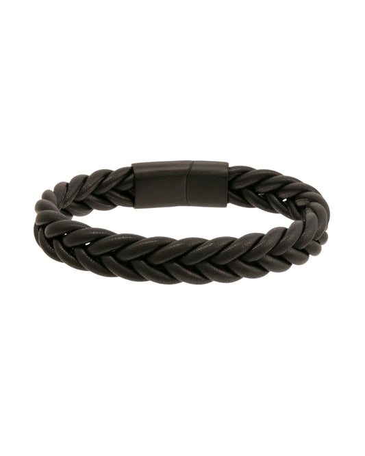 Pulsera para hombre de 23 cm de cuero negro triple con eslabón de cable largo
