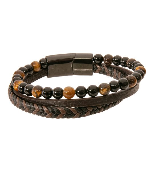Mens Bracelet 3-Strap Bead,Braid Brown Black