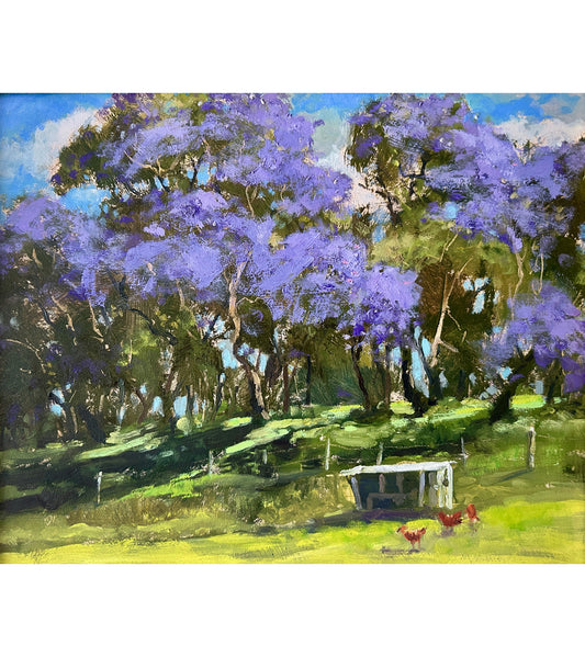Original Pastel Painting "Jacarandas and Chickens" by Michael Clements 12x10