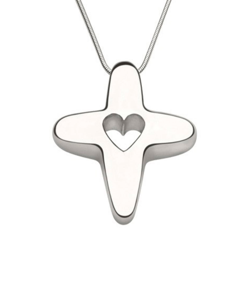 Colgante de cruz "Dios es amor" en oro blanco de 14 quilates