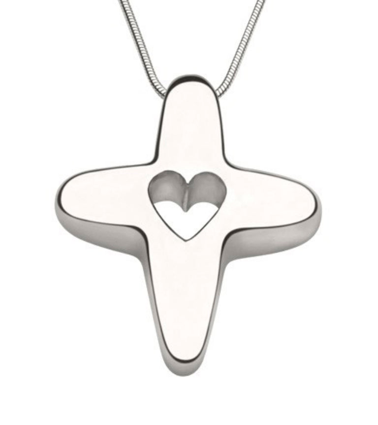 Colgante de cruz "Dios es amor" en oro blanco de 14 quilates