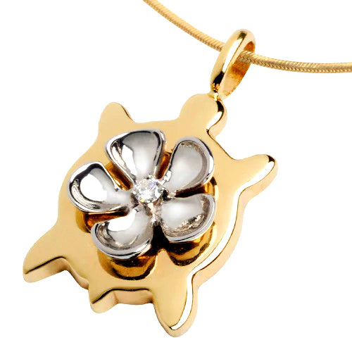 Yellow 14K Gold Plumeria Honu Pendant with White 14k Gold Plumeria with Diamond