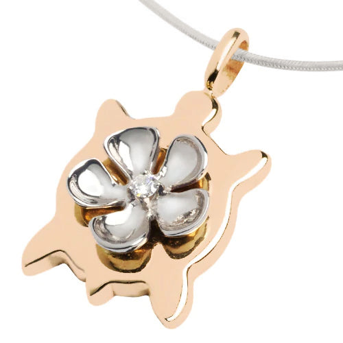 Rose 14K Gold Plumeria Honu Pendant with White 14k Gold Plumeria with Diamond