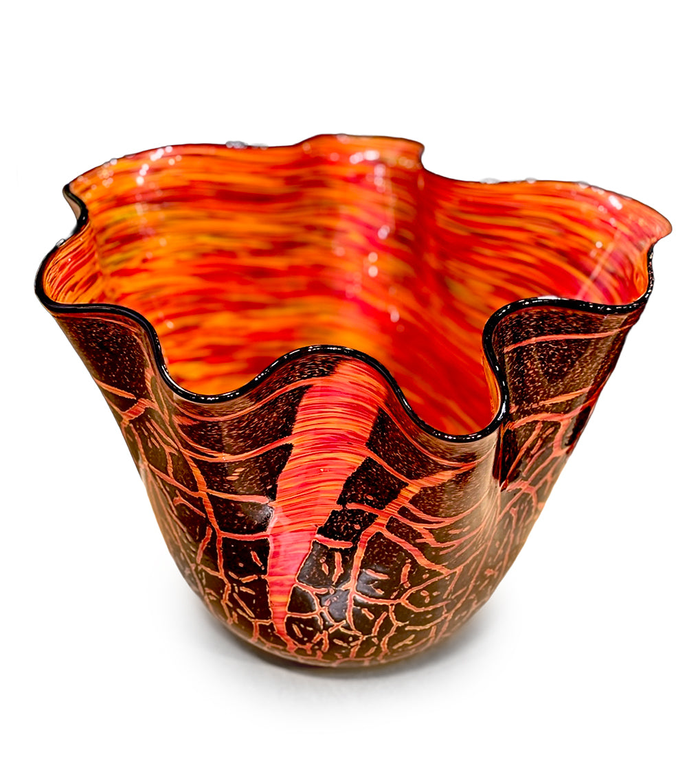 Crackled Kilauea Bowl in red and amber glass